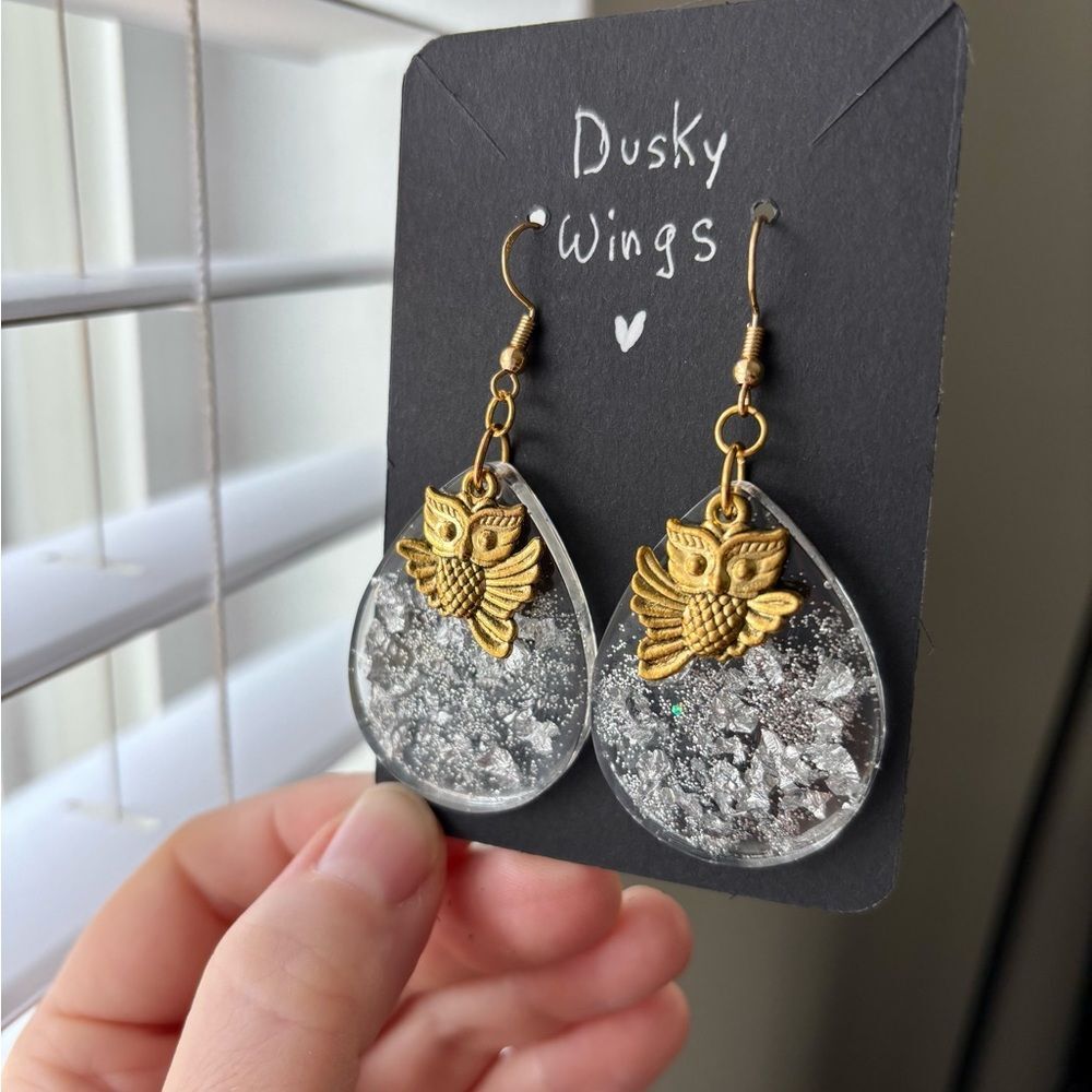 Dusky Wings Earrings – Handmade Resin Glitter Drop with Gold Owl Charm